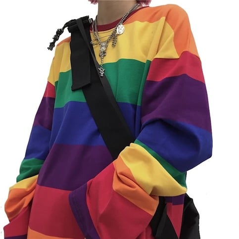 Colorful Rainbow Striped Oversize Loose Long Sleeve Shirt Top T-shirt O Neck Casual E-Girl Kawaii Korean Japanese Harajuku Streetwear