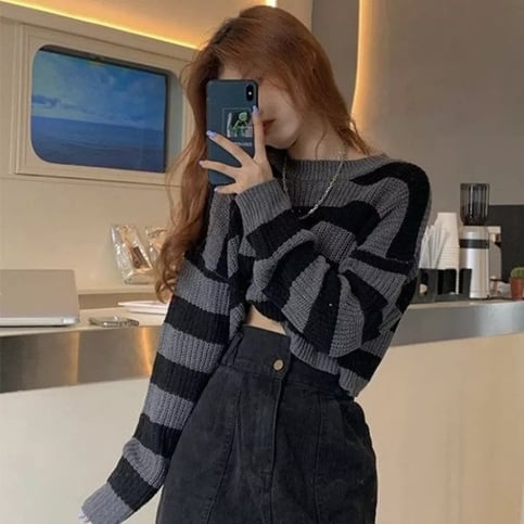 Black & Grey Striped Cropped Long Sleeve Sweater