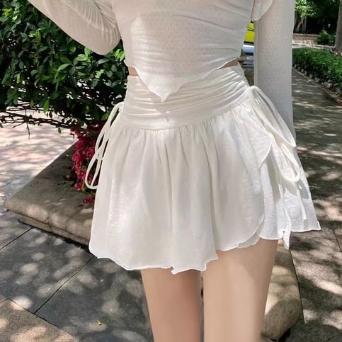 White Ruffle Drawstring High Waist Mini Skirt Fairycore Aesthetic Casual E-Girl Kawaii Korean Japanese Harajuku