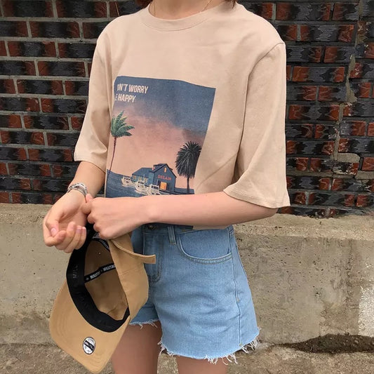 Cute Vintage Pastel Summer Beach Art Print Short Sleeve Tee Shirt T-shirt Top Oversized Loose Causal E-Girl Kawaii Korean Japanese Harajuku Streetwear