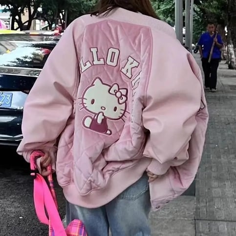 PU Cat Embroidery Thick Baseball Jacket