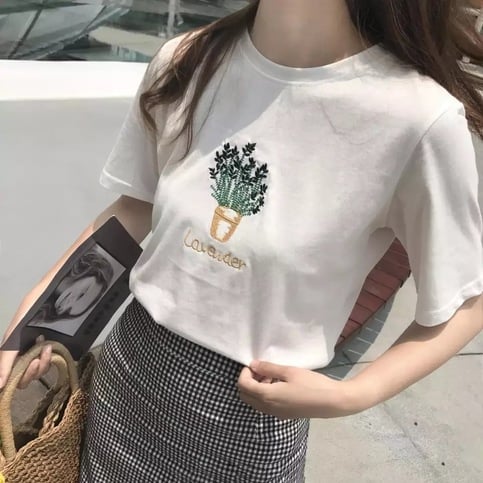 Cute Summer Lavender Plant Flower Embroidery White Loose Casual Short Sleeve Tee Shirt T-shirt Top E-Girl Kawaii Korean Japanese Harajuku Streetwear