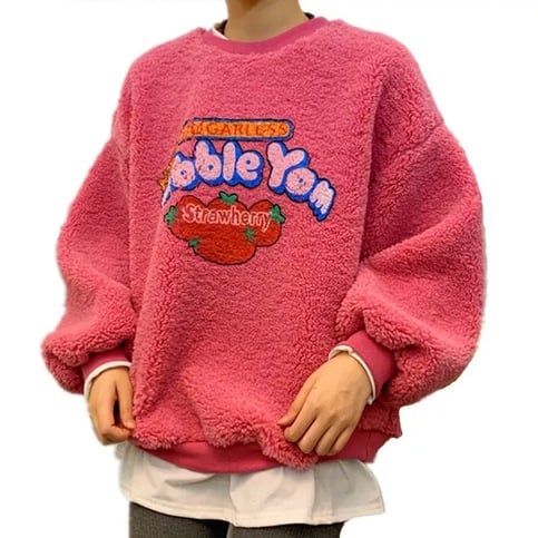 Strawberry Bubblegum Print Warm Fuzzy Fleece Hoodie Sweatshirt Sweater Long Sleeve Pullover E-Girl Kawaii Korean Japanese Harajuku Streetwear