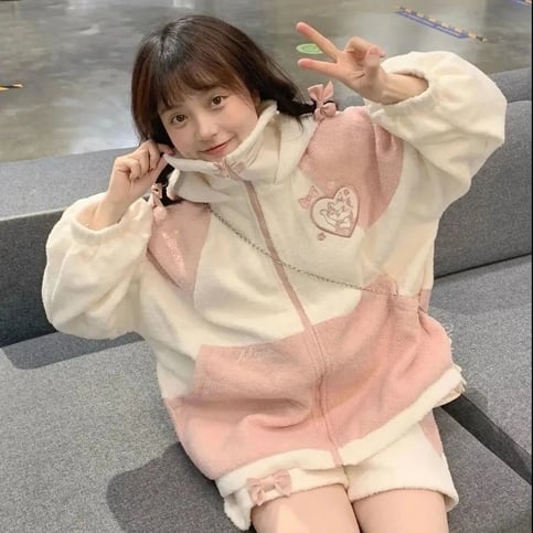 Pink Cat Cartoon Patchwork Jacket