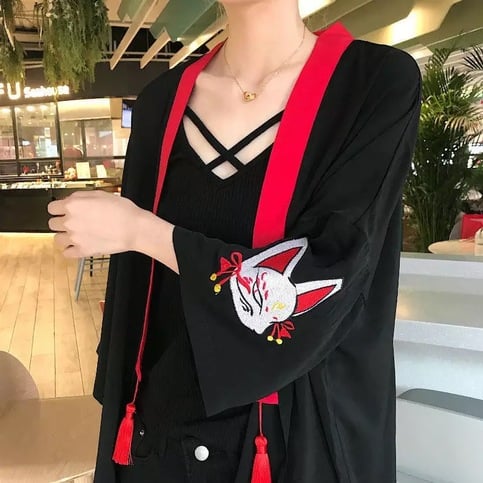 Fox Mask Anime Tassel Blouse Kimono Cardigan Cartoon Print Loose Blouse Long Sleeve Shirt Top E-Girl Kawaii Korean Japanese Harajuku Streetwear