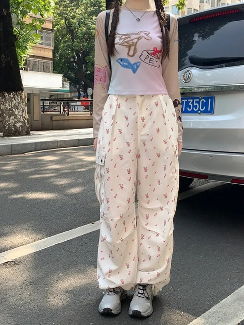 Floral Print Drawstring High Waist Pants
