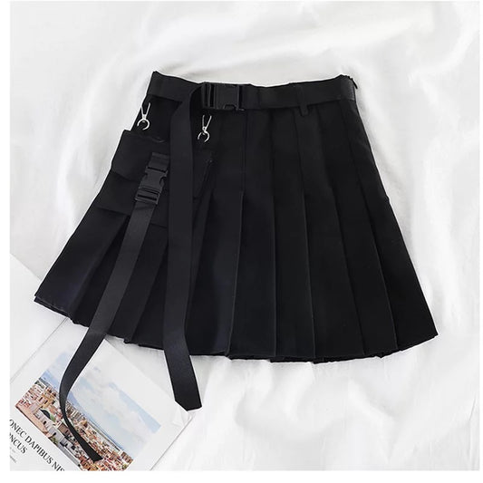 Cute Black Safari Kpop High Waisted Pleated Mini Skirt Goth Punk E-Girl Kawaii Korean Japanese Harajuku Chinese Retro Streetwear Aesthetic
