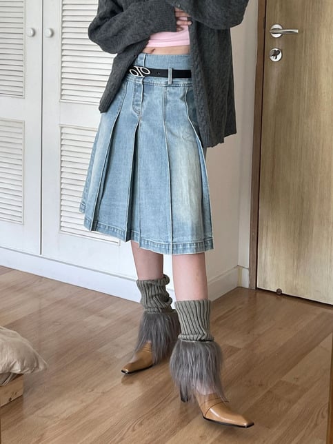 Denim Pleated High Waist Midi Skirt