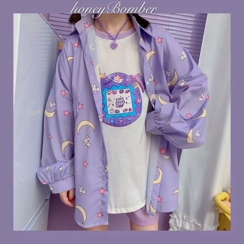Pastel Purple Anime Star Moon Cartoon Blouse Oversized Long Sleeve Shirt Loose Button Autumn Winter E-Girl Kawaii Korean Japanese Harajuku Streetwear