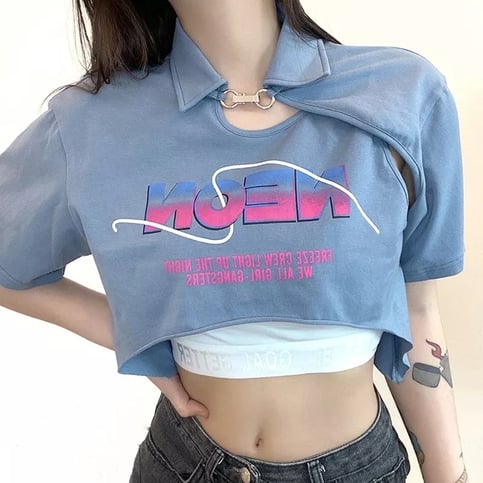 Sweet Letter Print Irregular Short Sleeve T-shirt with Corset Aesthetic Casual E-Girl Kawaii Korean Japanese Harajuku