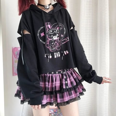 Rabbit Punk Print Hollow Out Hoodie