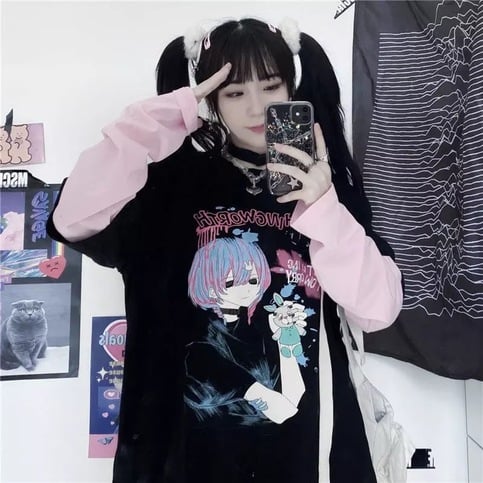 Goth Anime Girl Cartoon Print Loose Casual Sweatshirt Sweater Long Sleeve Shirt Pullover Jumper E-Girl Kawaii Korean Japanese Harajuku Streetwear