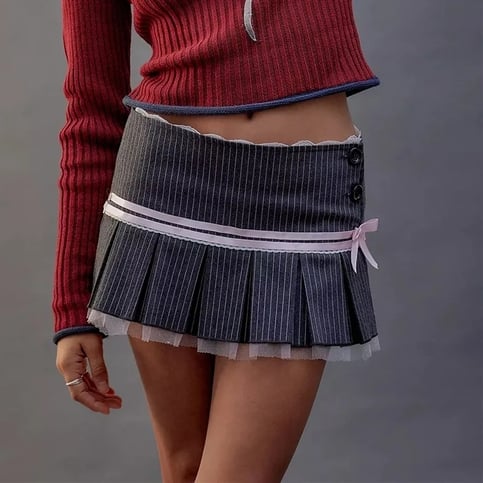 Pink Bow Stripe Fold Lace Up High Waist Skirt