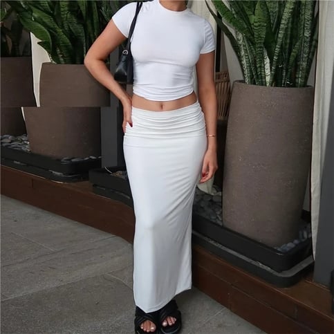 2PCS White T-shirt + Long Pencil Skirt