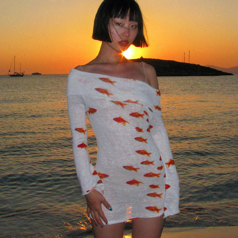 Goldfish Off Shoulder Long Sleeve Mini Dress