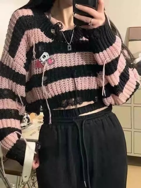 Black & Pink Striped Knit Cropped Pullover