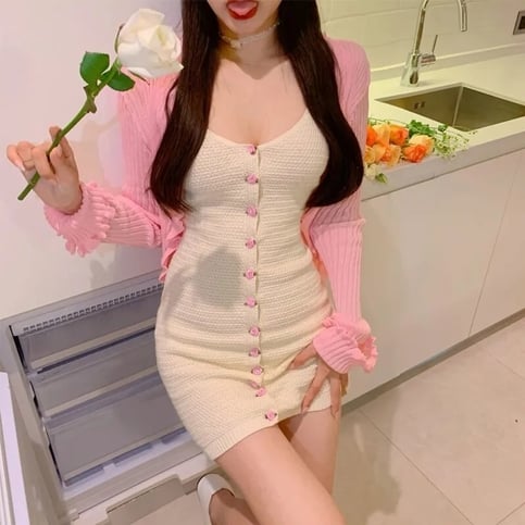 2PCS Rose Button Knit Dress + Cardigan