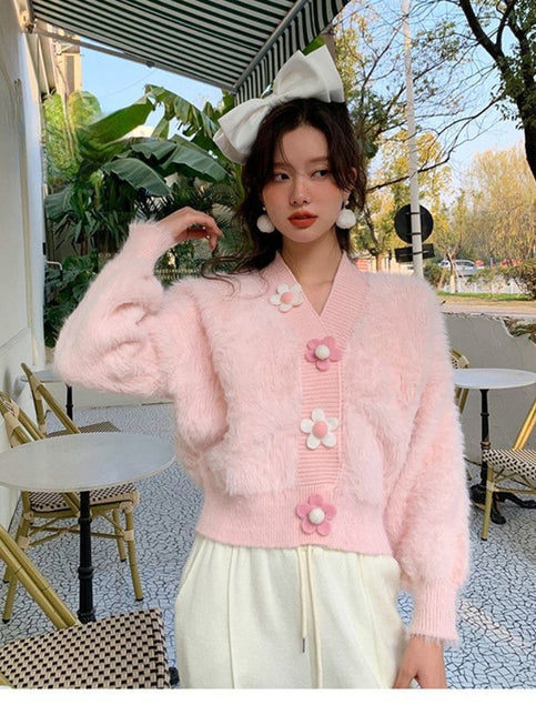 Fluffy Flower Button Cardigan