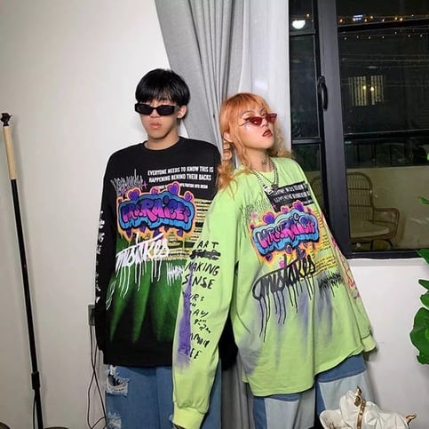 Cute Graffiti Art Graphic Print Punk Baggy Hip Hop Oversized Long Sleeve Tee Shirt T-shirt Top E-Girl Kawaii Korean Japanese Harajuku Streetwear