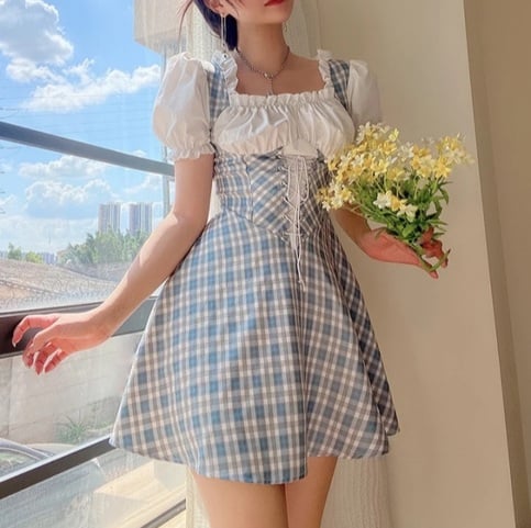 Cute Sweet Plaid Patchwork Lace Up Corset Ruffle Mini A-line Dress Summer Aesthetic Casual E-Girl Kawaii Korean Japanese Harajuku