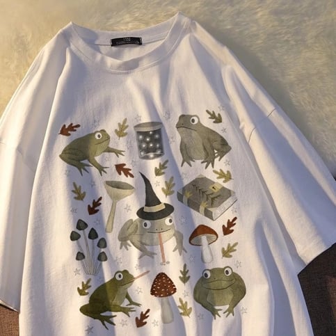 Cute Frog Magic Mushroom Witchcraft Print Short Sleeve T- Shirt Top Aesthetic Casual Summer E-Girl Kawaii Korean Japanese Harajuku