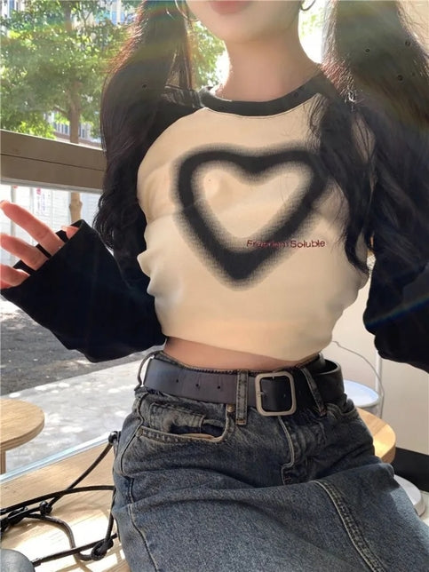 Black Heart Patchwork Long Sleeve T-shirt