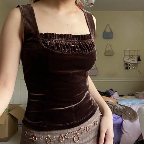 Brown Velvet Patchwork Tank Top