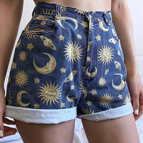 Cute Sun Moon Star Planet Pattern Loose Denim Shorts Bottom E-Girl Kawaii Korean Japanese Harajuku Chinese Retro Streetwear Aesthetic