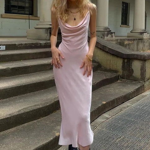 Pink Satin Low Cut Halter Maxi Dress