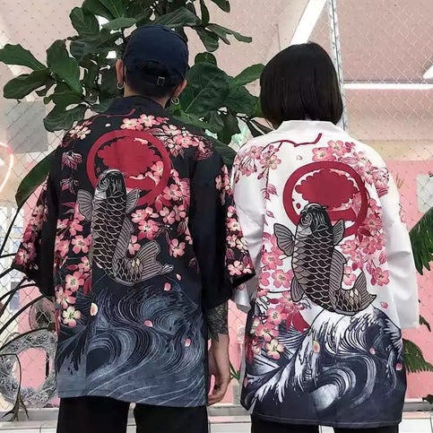 Cute Koi Goldfish Sakura Cherry Blossom Kimono Print Loose Cardigan Blouse Long Sleeve Shirt Top E-Girl Kawaii Korean Japanese Harajuku Streetwear