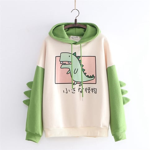 Cute 3D Funny Dinosaur Cartoon Hoodie With Horns Sweatshirt Sweater Long Sleeve Pullover Cosplay E-Girl Kawaii Korean Japanese Harajuku Streetwear