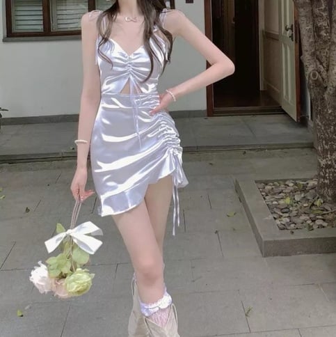 Cute Sexy Silk Sling French Mini Bodycon Dress Party Club Summer Aesthetic Casual E-Girl Kawaii Korean Japanese Harajuku