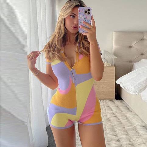 Abstract Colorful Patchwork Print Button Up Short Sleeve Romper Bodycon Bodysuit Summer Aesthetic Casual E-Girl Kawaii Korean Japanese Harajuku