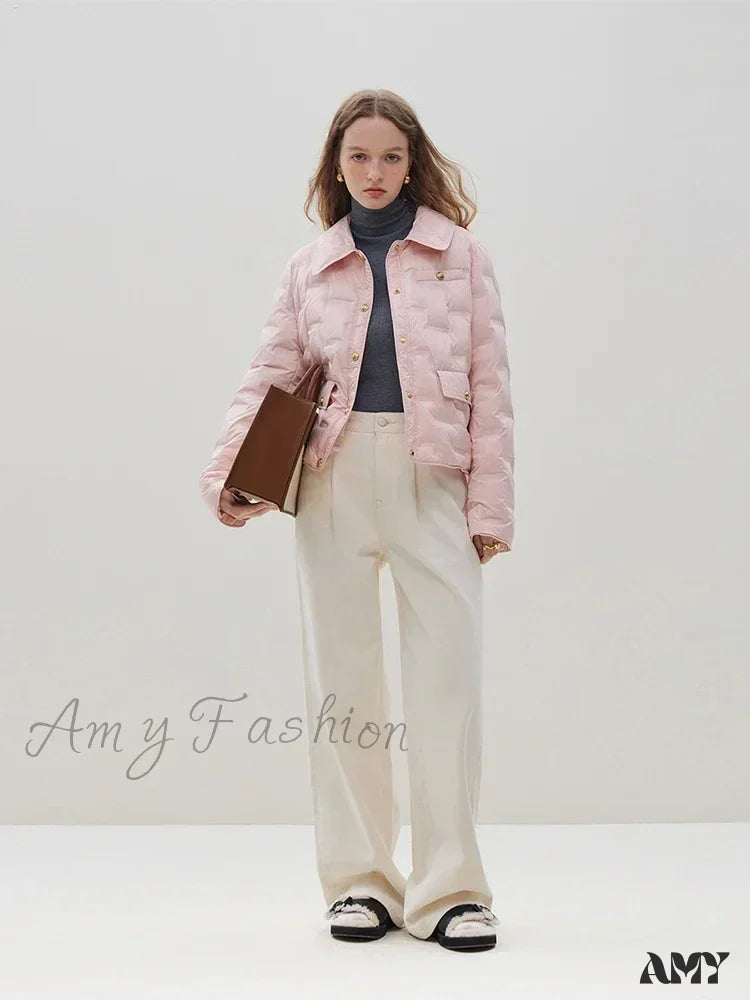 Filling Capacity Lightweight Thin Pink Short Down Shirt Style Coat