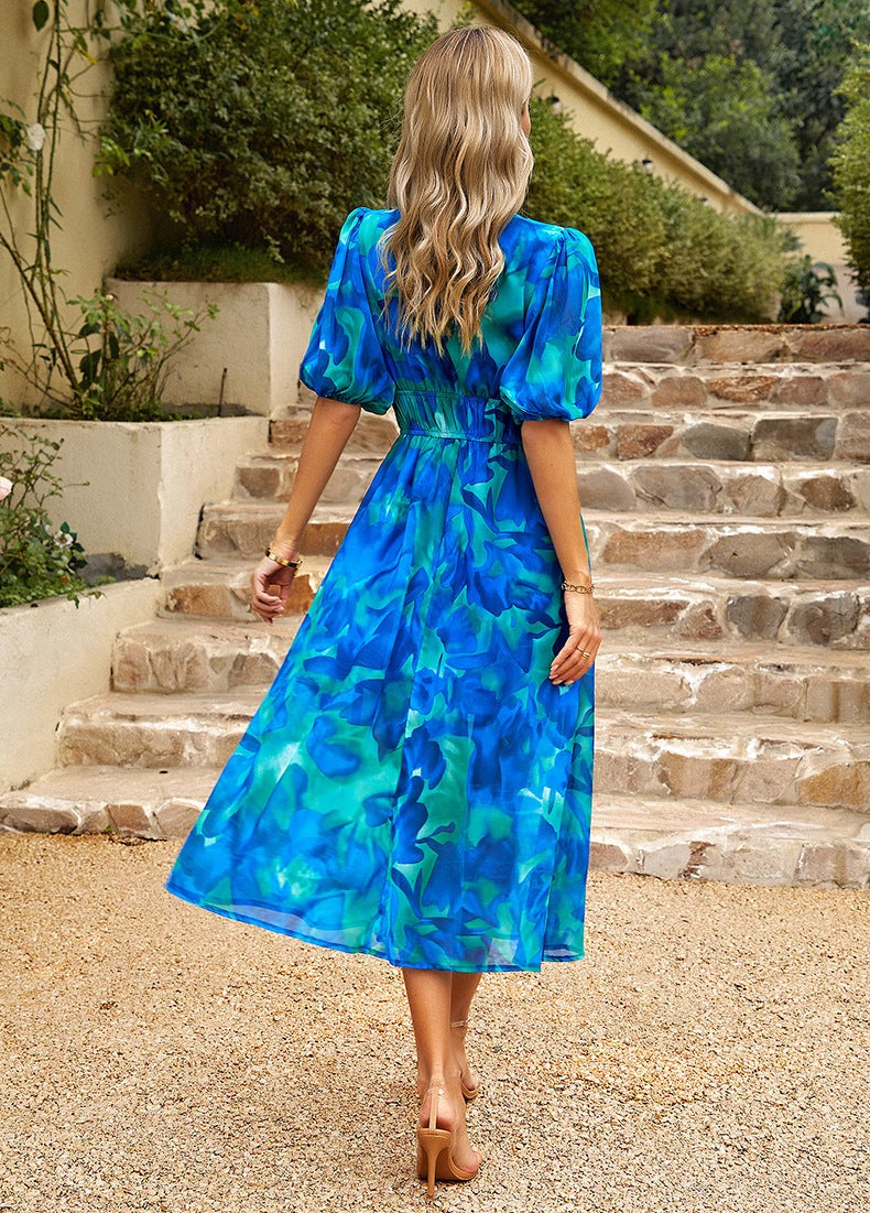 Abstract Floral Print Deep V-Neck Puff Sleeve Smocked Waist A-Line Midi Dress