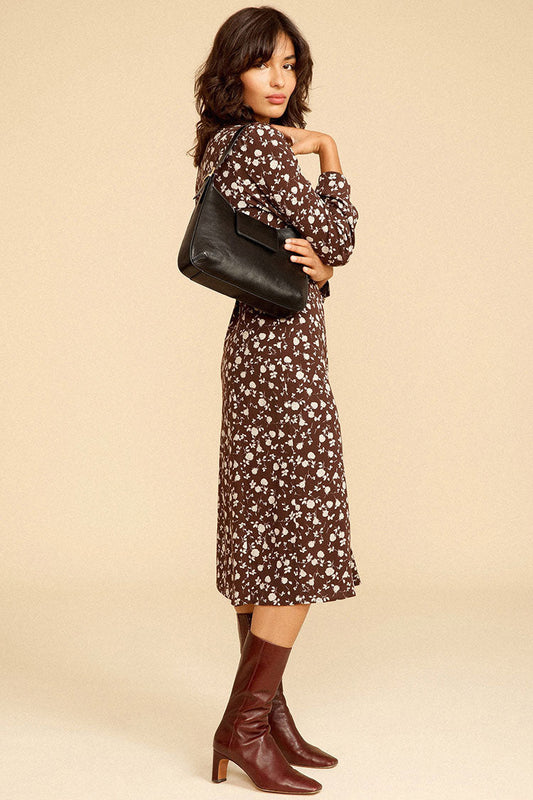 Ditsy Floral Print Notched Lapel Button-Front Long Sleeve Shirt Midi Dress