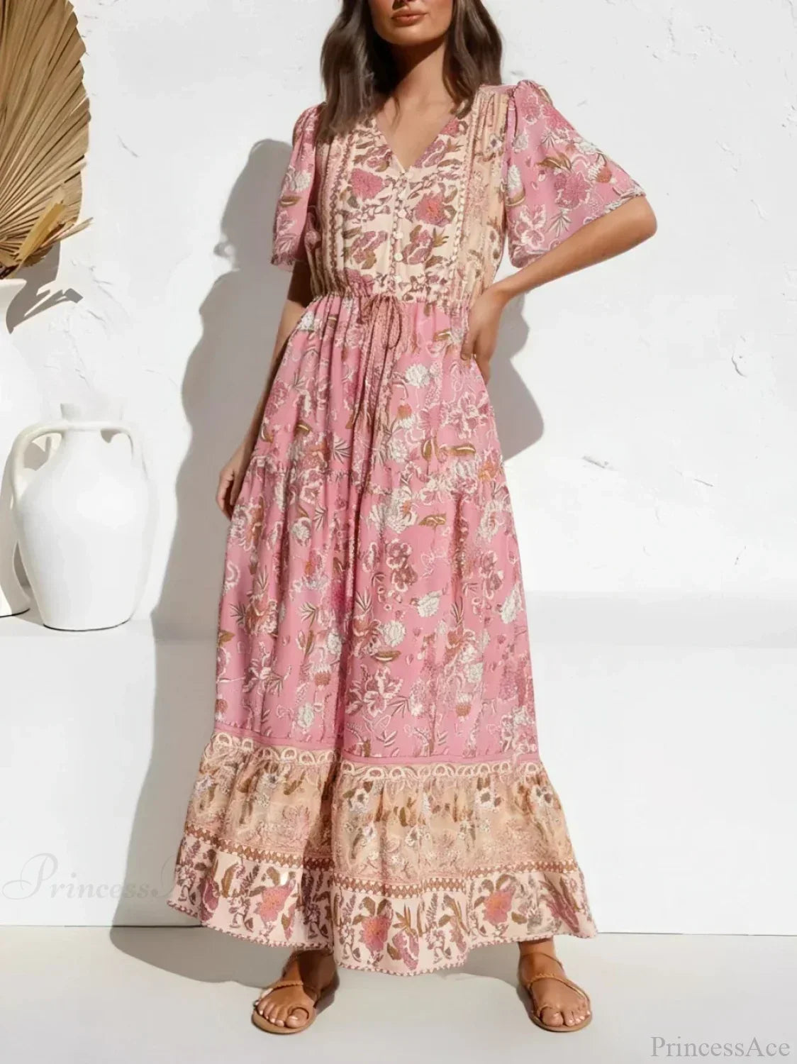 Floral Print Tie Neck Pleated Cotton Rayon Boho Dress
