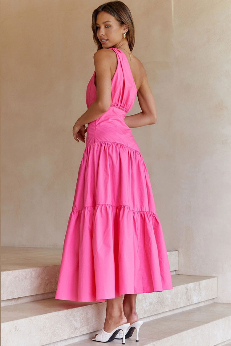 One-Shoulder Knot Strap Ruched Tiered Ruffle Midi Dress