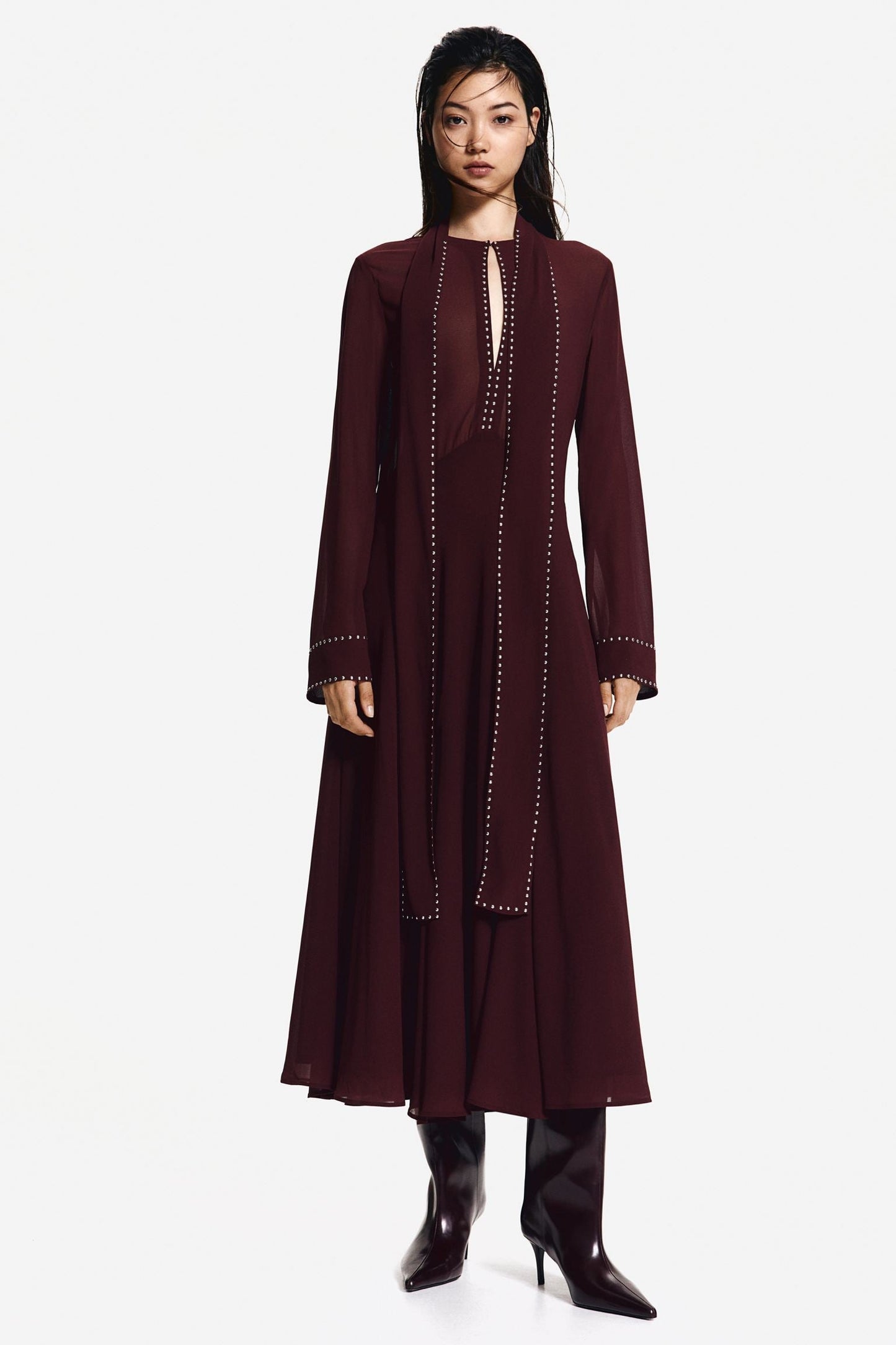 Stud Trim High Neck Tie Scarf Wide Cuff Pleated Skirt Midi Dress