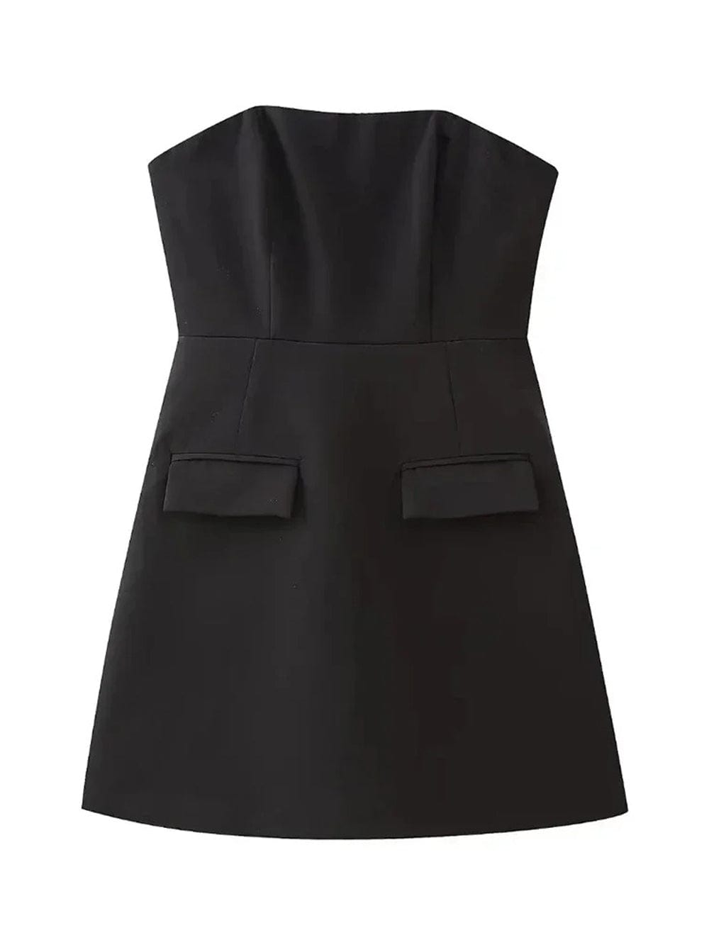 Strapless Princess Seam Pocket Flap Structured A-Line Mini Dress