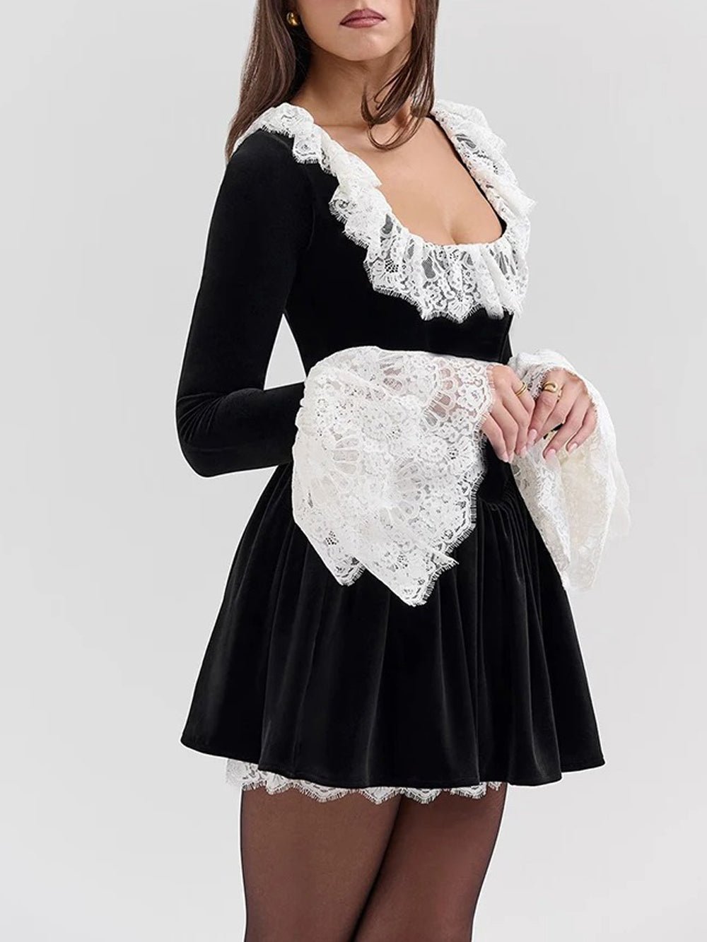 Velvet Square Neck Ruffle Collar Lace Bell Cuff Fit and Flare Mini Dress