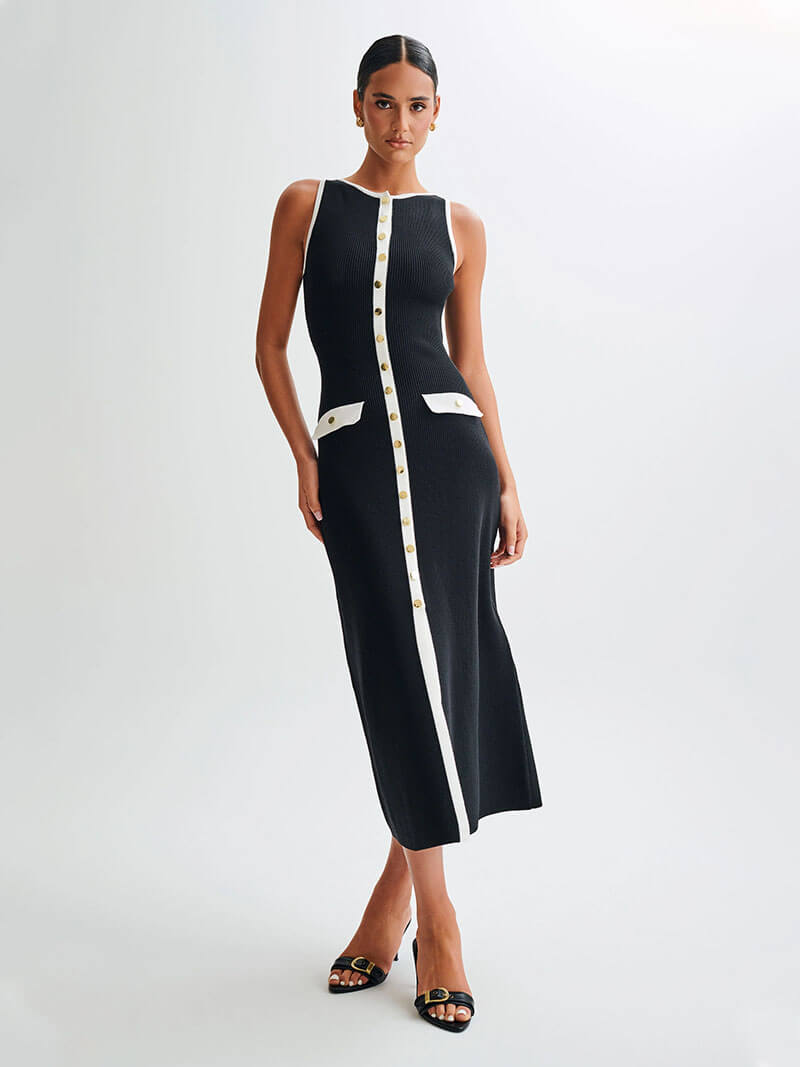 Round Neck Rib Knit Button Front Flap Pocket Sleeveless Maxi Dress