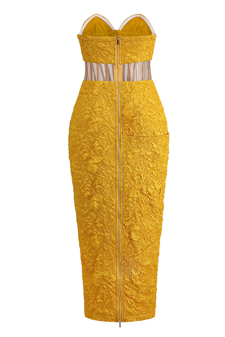 Floral Jacquard Strapless Corset Mesh Panel Midi Two-Piece Set