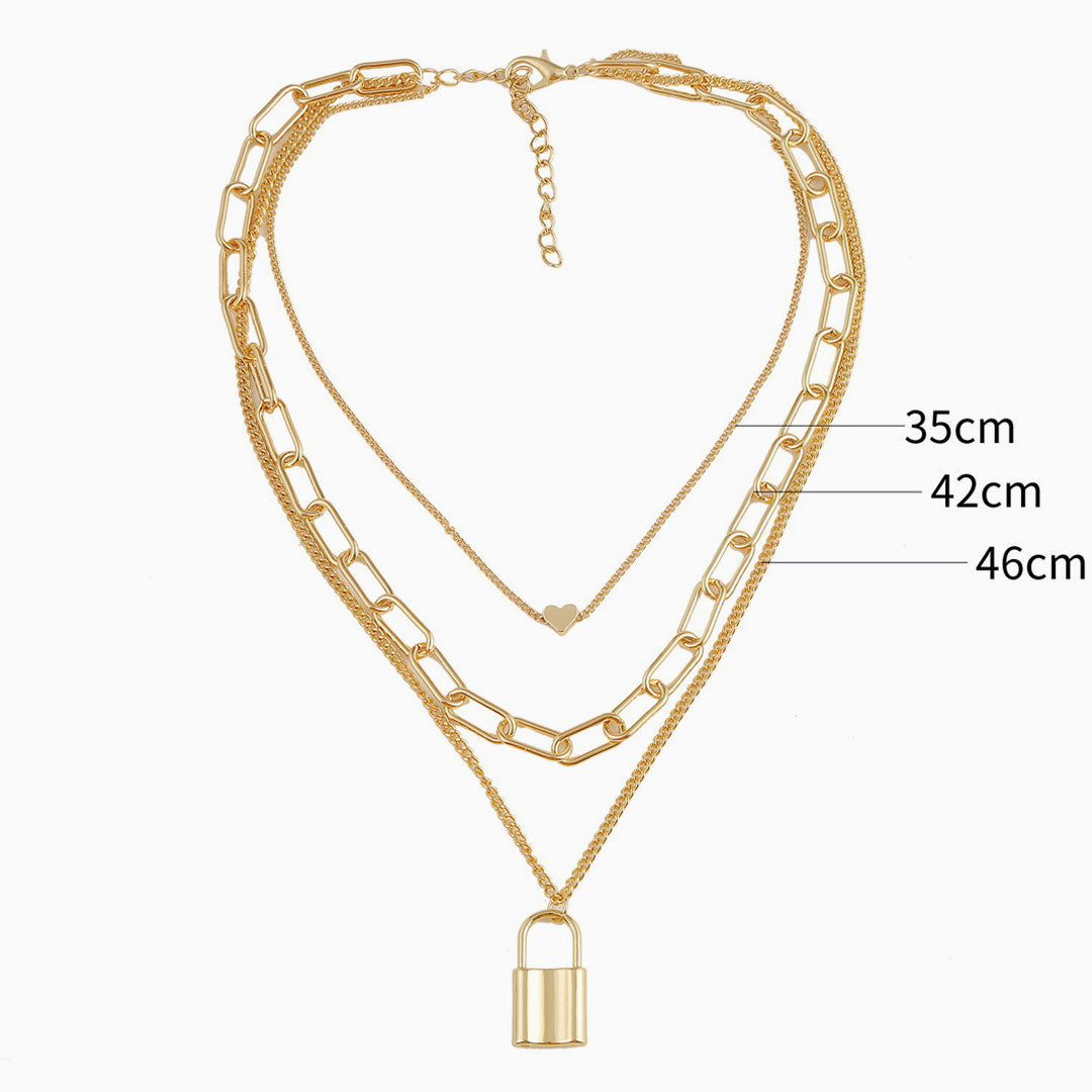 Layered Chain-Link Gold Lock Pendant Necklace