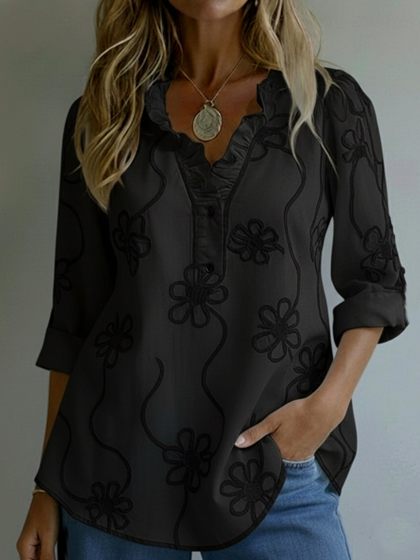 Women's V-Neck Longsleeve Linen Blouse – Floral Embroidered Top