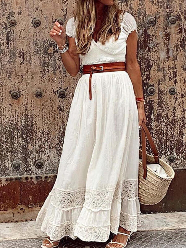 Eyelet Lace Panel Ruffle Cap Sleeve V-Neck Tiered Maxi Dress