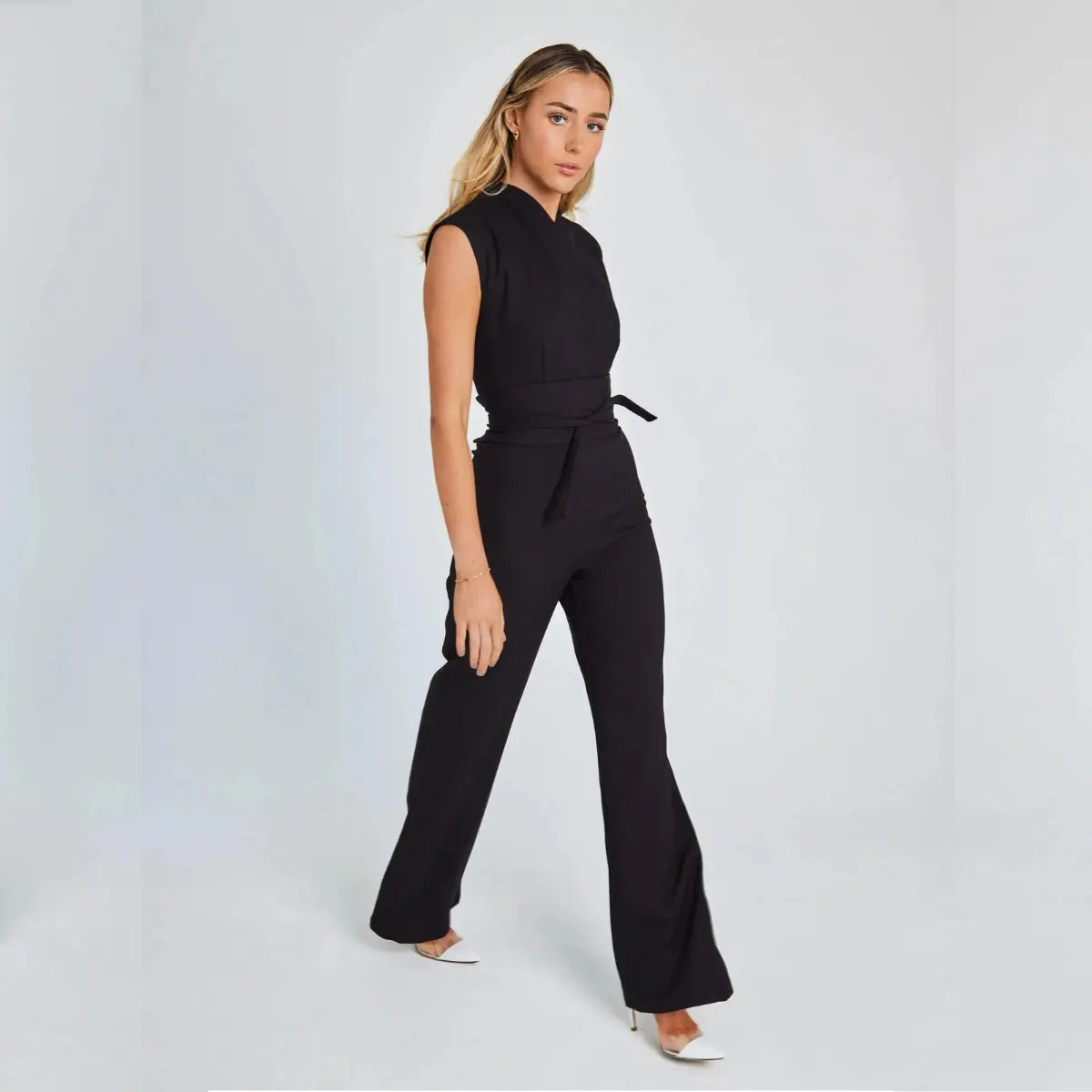 | Structured High-Waisted Sleeveless Jumpsuit, Beige