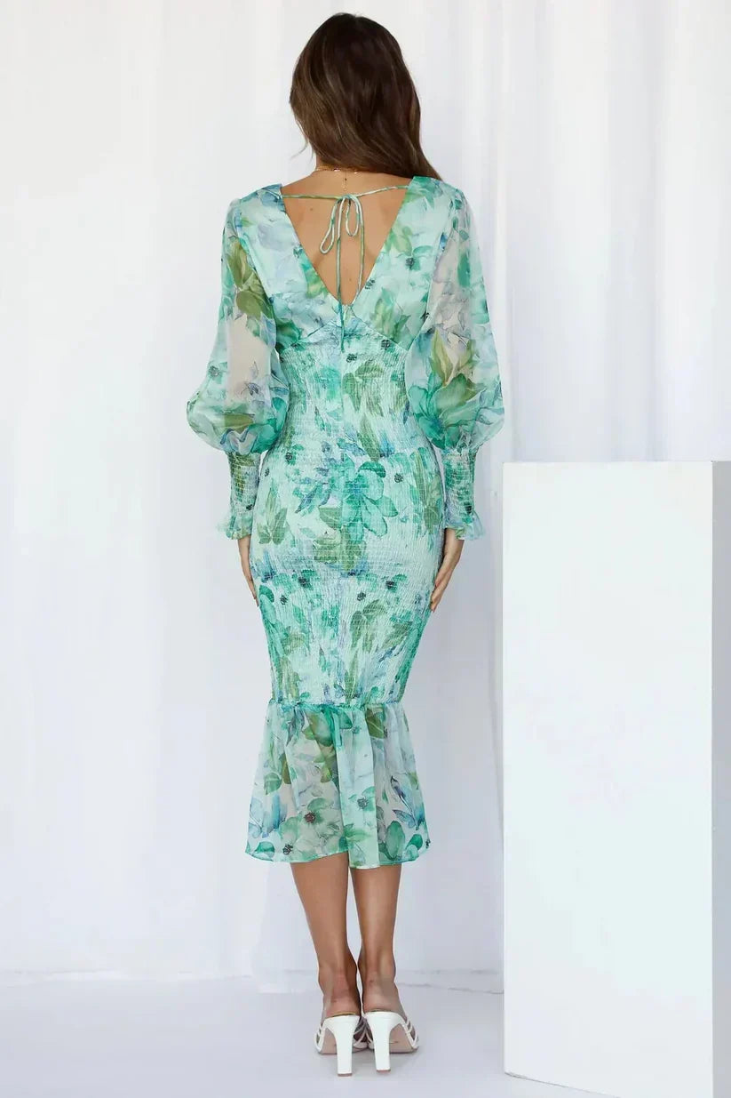 Floral Print Plunge V-Neck Balloon Sleeve Smocked Flounce Hem Midi Dress