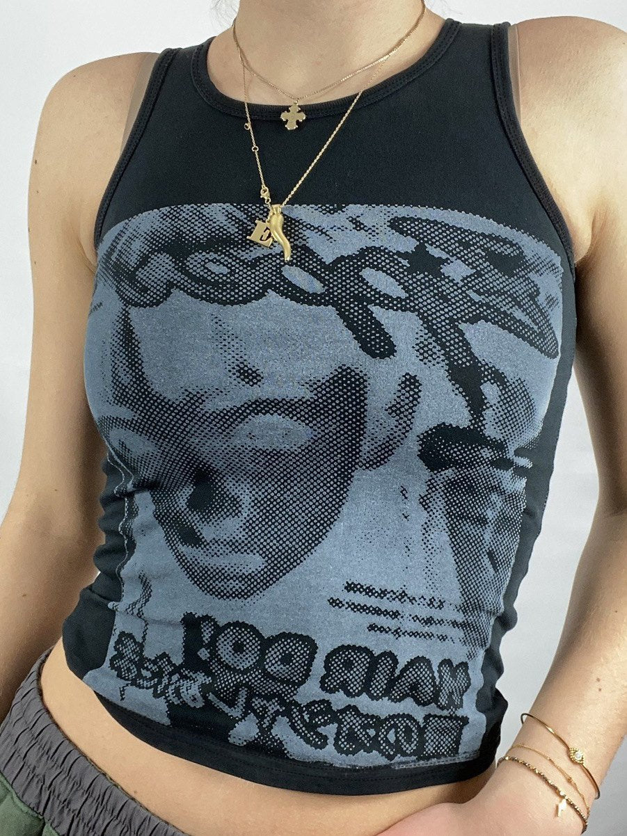 Pixel Face Print Crop Tank Top