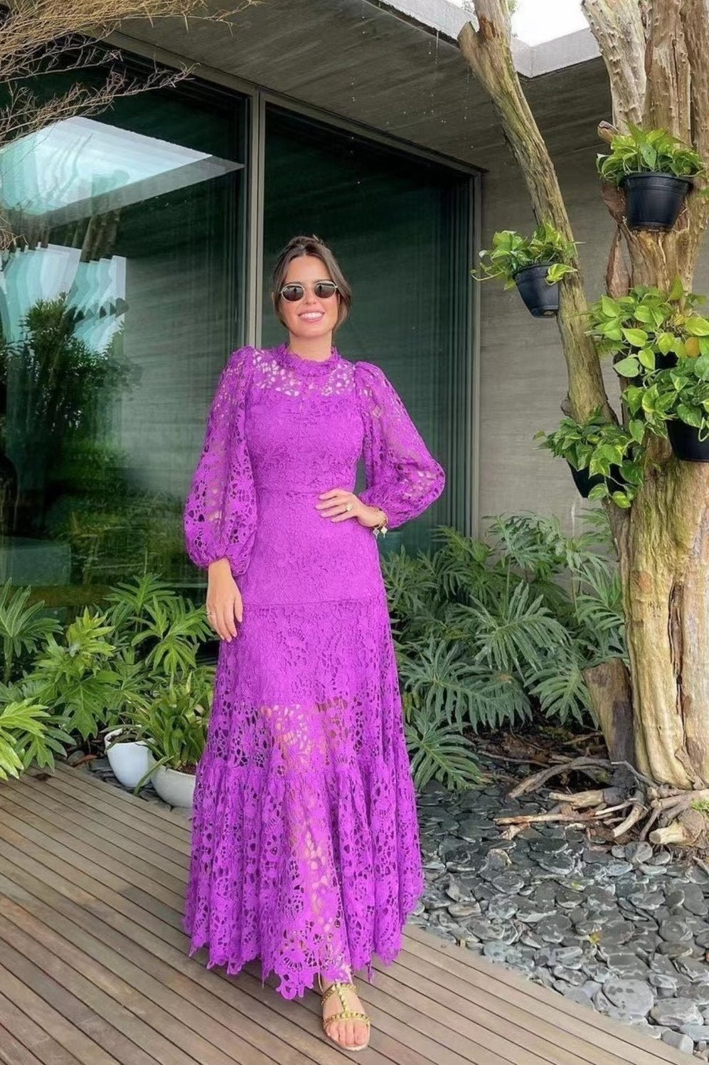 Guipure Lace Mock Neck Bishop Sleeve Tiered Ruffle Hem Maxi Dress